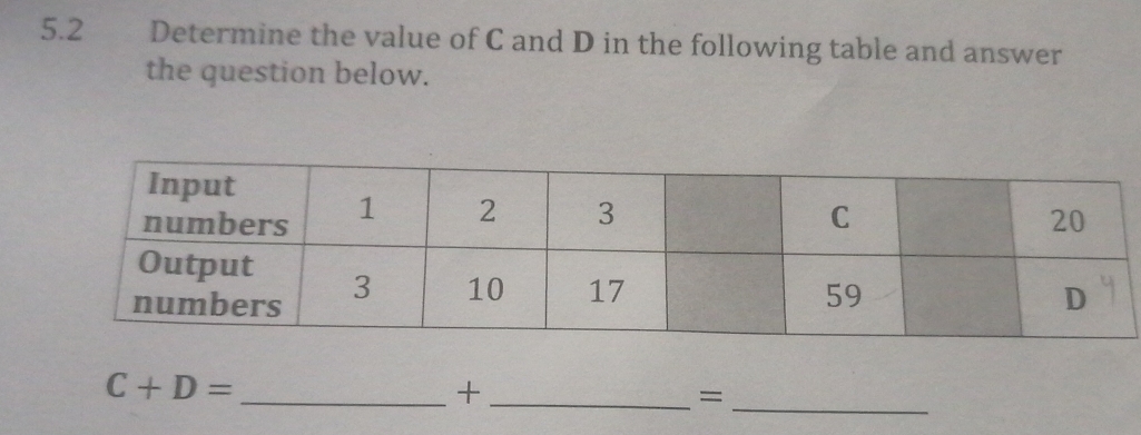 5.2 Determine the value of C and D in the following table and answer 
the question below.
C+D= _ 
_+ 
_=