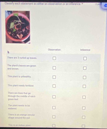 Classify each statement as either an observation or an inference.* B pair 
Observation Inference 
There are 3 curled up leaves. 
The plant's leaves are green 
and brown. 
This plant is unhealthy. 
This plant needs fertilizer. 
There are lines that go 
through the middle of each 
green leaf. 
The plant needs to be 
watered. 
There is an orange circular 
shape around the soil 
This is an indoor plant.