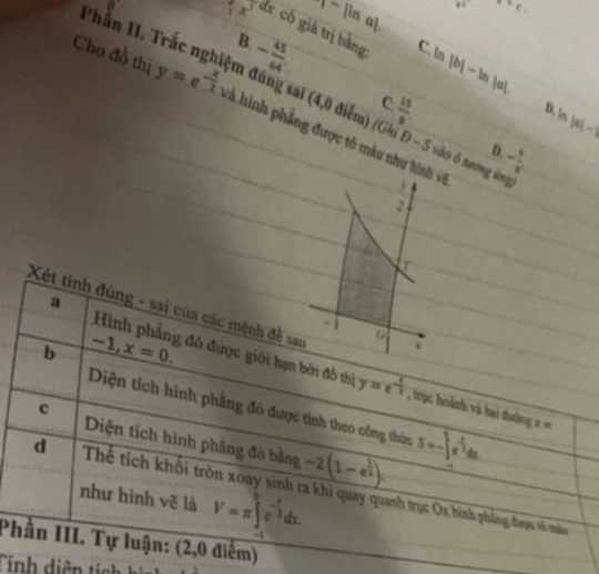 r=|ln a|. 28°C
7x^3 d cố giá trị bằng ln |b|-ln
Phần II. Trắc ng B. - 45/64 . 
C.
|a| 
Cho đồ thị y=e^(-frac x)2 ệm súng sai (4,0 điễm) (0 iiD-5
C  15/8 
D. in |x|-x
cà hình phẳng được tô màu nh hinh 
vào ō tn D. - h/x 
2
1
a
Xét tính đúng - sai của các mệnh đề sau
b -1, x=0. 
Hình phẳng đô được giới hạn bởi đồ thị y=e^(-frac 1)2 , trục hoành và hai đương s==
Diện tích hinh phẳng đó được tính theo công thức S=-∈t e^(-frac 1)2dx
c
Diện tích hình phẳng đò bằng -2(1-e^(frac 1)2)
d Thể tích khối tròn xoay sinh ra khi quay quanh trục Ox hình phẳng được số máa
như hình vẽ là V=π ∈tlimits _(-1)^3e^(-frac x)3dx. 
Phần III. Tự luận: (2,0 điểm)
Tính diện tí c i