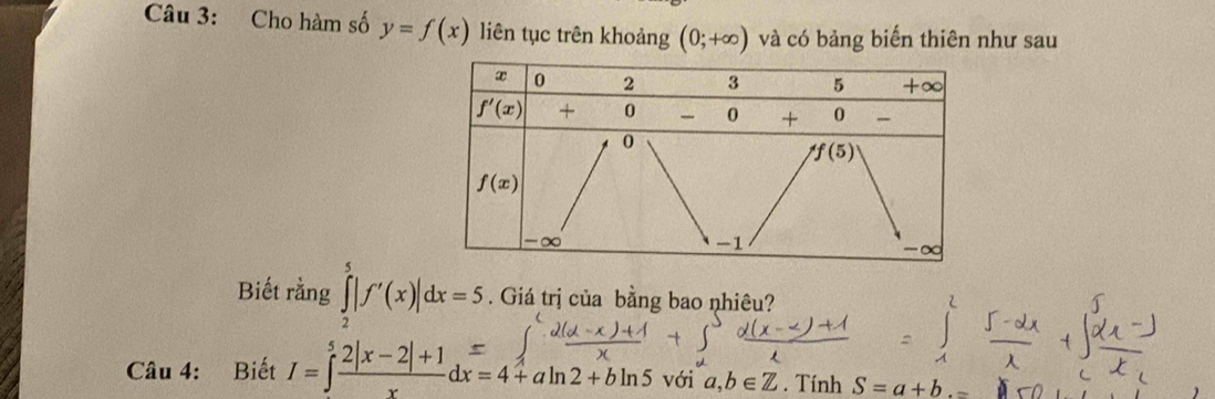 Cho hàm số y=f(x) liên tục trên khoảng (0;+∈fty ) và có bảng biến thiên như sau
Biết rằng ∈tlimits _2^(5|f'(x)|dx=5. Giá trị của bằng bao nhiêu?
Câu 4: Biết I=∈t frac 2|x-2|+1)xdx=4+aln 2+bln 5 với a,b∈ Z. Tính S=a+b.