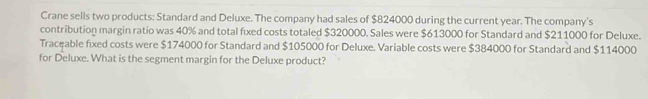 Crane sells two products: Standard and Deluxe. The company had sales of $824000 during the current year. The company's 
contribution margin ratio was 40% and total fixed costs totaled $320000. Sales were $613000 for Standard and $211000 for Deluxe. 
Traceable fixed costs were $174000 for Standard and $105000 for Deluxe. Variable costs were $384000 for Standard and $114000
for Deluxe. What is the segment margin for the Deluxe product?