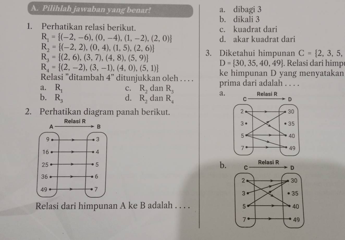 Pilihlah jawaban yang benar! a. dibagi 3
b. dikali 3
1. Perhatikan relasi berikut.
c. kuadrat dari
R_1= (-2,-6),(0,-4),(1,-2),(2,0) d. akar kuadrat dari
R_2= (-2,2),(0,4),(1,5),(2,6)
R_3= (2,6),(3,7),(4,8),(5,9)
3. Diketahui himpunan C= 2,3,5,
R_4= (2,-2),(3,-1),(4,0),(5,1)
D= 30,35,40,49. Relasi dari himp
Relasi ”ditambah 4 ” ditunjukkan oleh . . . . ke himpunan D yang menyatakan
a. R_1 C. R_2 dan R_3
prima dari adalah . . . .
a.
b. R_3 d. R_2 dan R_4
2. Perhatikan diagram panah berikut.
b.
Relasi dari himpunan A ke B adalah . . . .