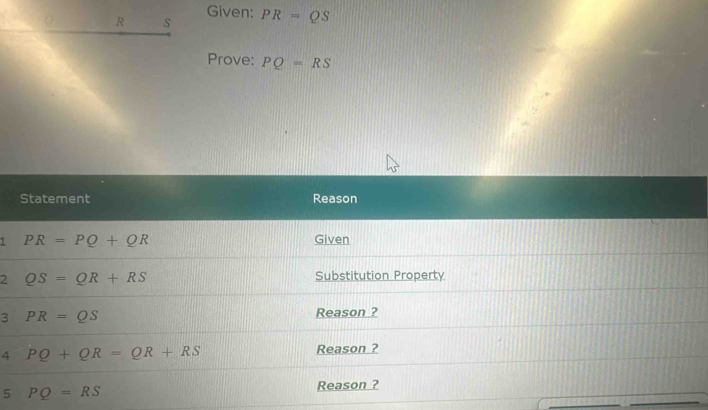 Given:
R S PR=QS
Prove: PQ=RS
1
2
3
4
5