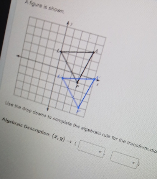 A figure is shown.
Algebraie Description: (x,y)to (□ ,□ )
se the drop downs to complete the algebraic rule for the transformati