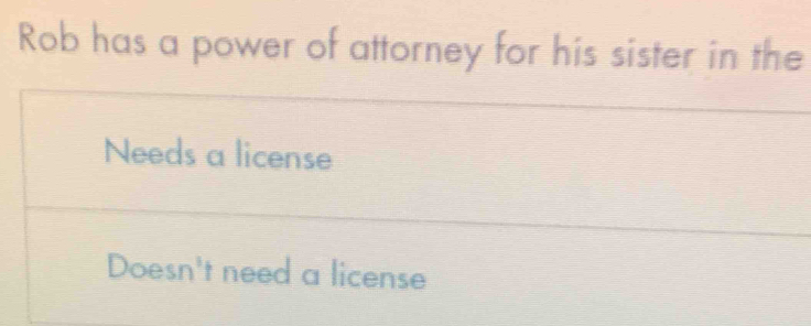 Rob has a power of attorney for his sister in the
Needs a license
Doesn't need a license