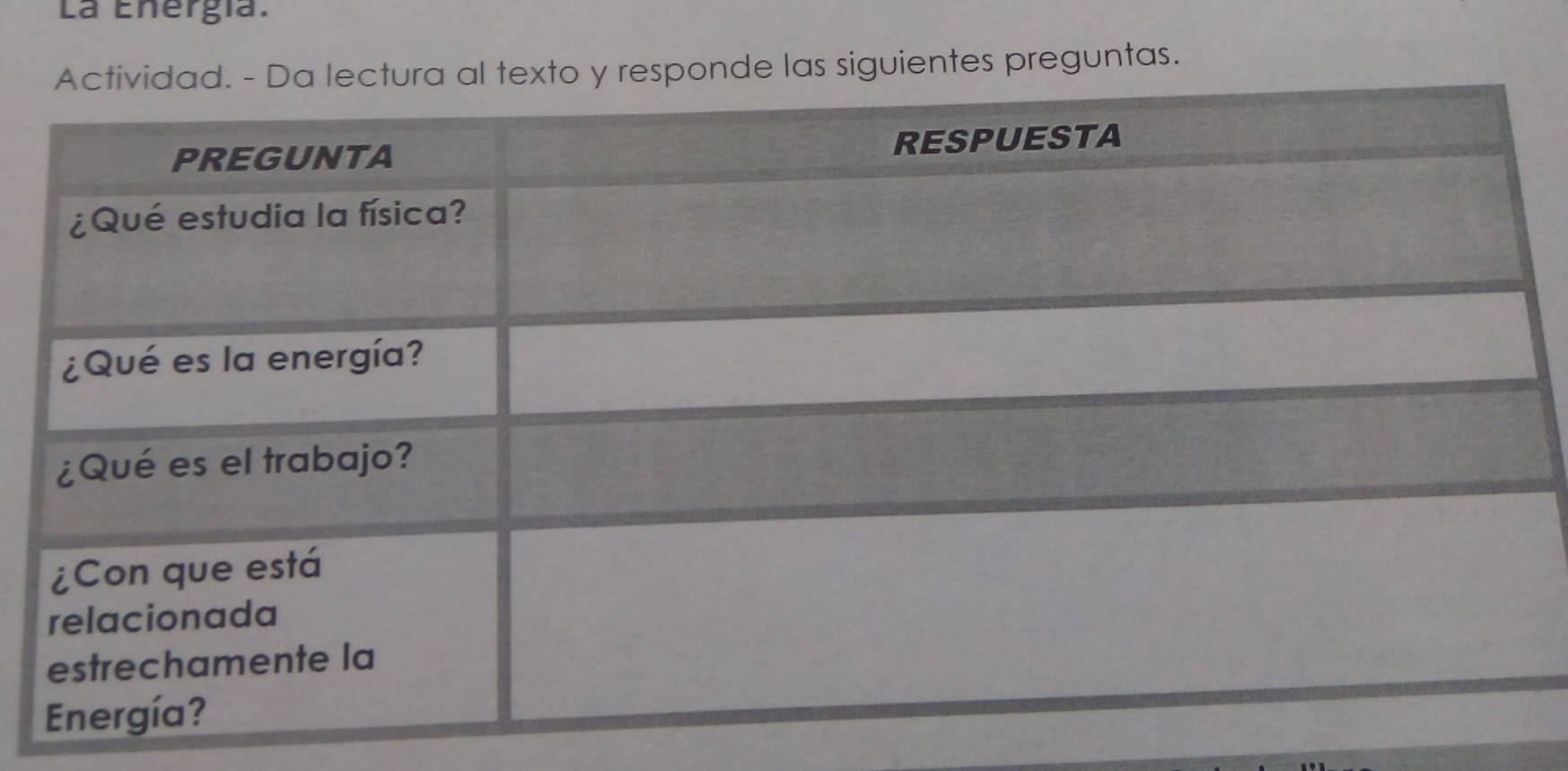 La Enérgía. 
sponde las siguientes preguntas.