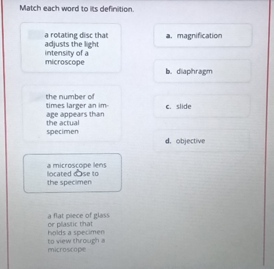 Match each word to its definition.
a rotating disc that a. magnification
adjusts the light
intensity of a
microscope
b. diaphragm
the number of
times larger an im- c. slide
age appears than
the actual
specimen
d. objective
a microscope lens
located Óse to
the specimen
a flat piece of glass
or plastic that
holds a specimen
to view through a
microscope