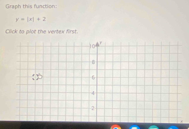 Graph this function:
y=|x|+2
Click to plot the vertex first.