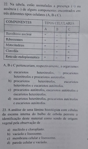 Na tabela, estão assinaladas a presença (+) ou
ausência (-) de alguns componentes encontrados em
três diferentes tipos celulares (A, B e C).
A, B e C pertenceriam, respectivamente, a organismos
a) eucariotos heterótrofos, procariotos
heterótrofos e procariotos autótrofos.
b) procariotos heterótrofos. eucariotos
heterótrofos e eucariotos autótrofos.
c) procariotos autótrofos, eucariotos autótrofos e
eucariotos heterótrofos.
d) eucariotos heterótrofos, procariotos autótrofos
e eucariotos autótrofos.
23. A análise de uma lâmina histológica com células
da escama interna do bulbo de cébola permite a
identificação deste material como sendo de origem
vegetal pela observação de
a) nucléolo e cloroplasto.
b) vacúolo e lisossomo.
c) membrana celular e lisossomo.
d) parede celular e vacúolo.