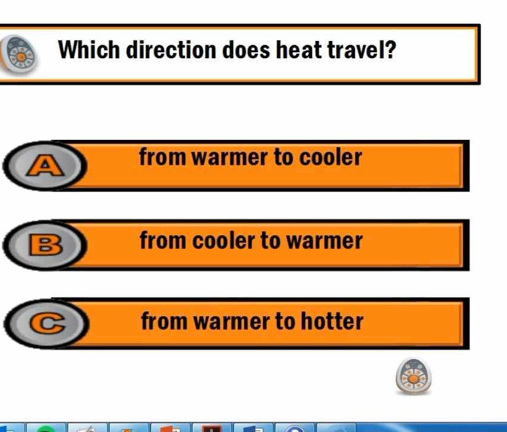 Which direction does heat travel?
A from warmer to cooler
B from cooler to warmer
C from warmer to hotter