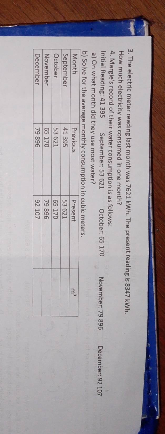 The electric meter reading last month was 7621 kWh. The present reading is 8347 kWh.
How much electricity was consumed in one month?
4. Margie’s record of their water consumption is as follows:
Initial Reading: 41 395 September: 53 621 October: 65 170 November: 79 896 December: 92 107
a) On what month did they use most water?
b) Solve for the average monthly consumption in cubic meters