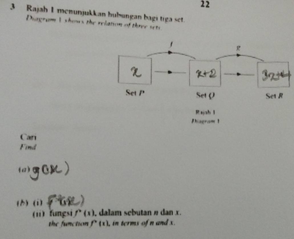 22 
3 Rajah I menunjukkan hubungan bagi tiga set. 
Diagram E shows the relation of three sets 
Cari 
Find 
(a) 
16) (i) 
(i) fungsi f'(x) , dalam sebutan n dan x. 
the function f'(x) in terms of n and x.