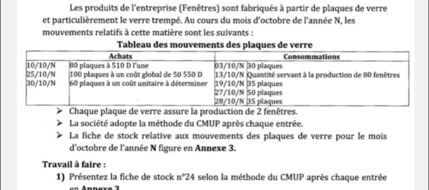 Les produits de l'entreprise (Fenêtres) sont fabriqués à partir de plaques de verre 
et particulièrement le verre trempé. Au cours du mois d’octobre de l'année N, les 
mouvements relatifs à cette matière sont les suivants : 
Tableau des mouvements des plaques de verre 
Chaque plaque de verre assure la production de 2 fenêtres. 
La société adopte la méthode du CMUP après chaque entrée. 
La fiche de stock relative aux mouvements des plaques de verre pour le mois 
d'octobre de l'année N figure en Annexe 3. 
Travail à faire : 
1) Présentez la fiche de stock n°24 selon la méthode du CMUP après chaque entrée