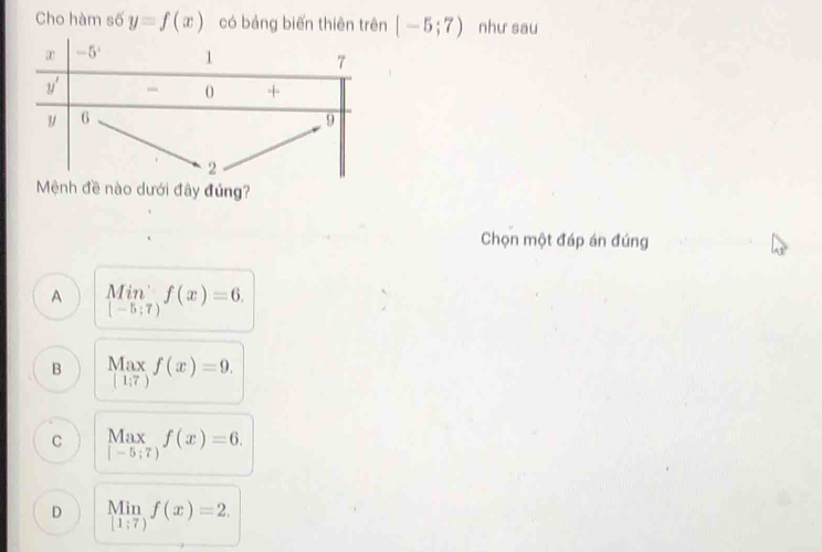 Cho hàm số y=f(x) có bảng biến thiên trên [-5;7) như sau
Mệnh đề nào dưới đây đủng?
Chọn một đáp án đúng
A Min_:7)f(x)=6,
B Max f(x)=9.
(1;7)
C beginarrayr Max [-5;7)endarray f(x)=6.
D limlimits _[1;7)f(x)=2.