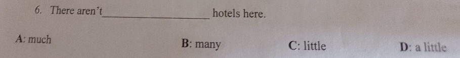 There aren’t_ hotels here.
A: much B: many C: little D: a little