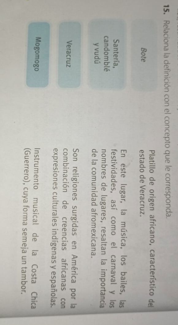 Relaciona la definición con el concepto que le corresponda. 
Platillo de origen africano, característico del 
Bote estado de Veracruz. 
En este lugar, la música, los bailes, las 
Santería, festividades, así como el carnaval y los 
candomblé nombres de lugares, resaltan la importancia 
y vudú de la comunidad afromexicana. 
Son religiones surgidas en América por la 
Veracruz combinación de creencias africanas con 
expresiones culturales indígenas y españolas. 
Mogomogo Instrumento musical de la Costa Chica 
(Guerrero), cuya forma semeja un tambor.