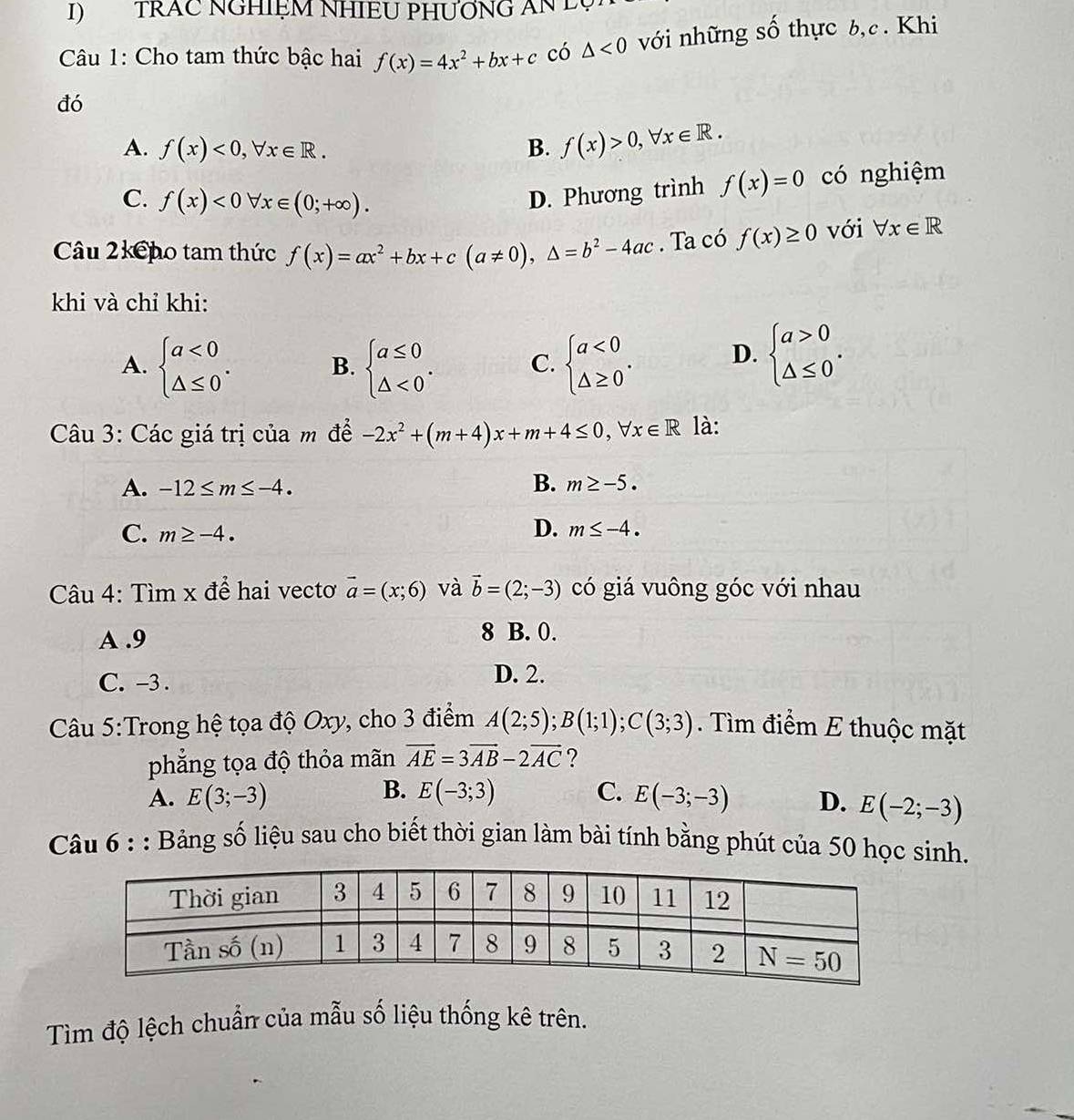 TRAC NGHIệM NHIEU PHƯơNG AN Lụ
Câu 1: Cho tam thức bậc hai f(x)=4x^2+bx+c có △ <0</tex> với những số thực b,c. Khi
đó
A. f(x)<0,forall x∈ R. B. f(x)>0,forall x∈ R.
C. f(x)<0forall x∈ (0;+∈fty ).
D. Phương trình f(x)=0 có nghiệm
Câu 2kếpo tam thức f(x)=ax^2+bx+c(a!= 0),△ =b^2-4ac. Ta có f(x)≥ 0 với forall x∈ R
khi và chỉ khi:
A. beginarrayl a<0 △ ≤ 0endarray. . B. beginarrayl a≤ 0 △ <0endarray. . C. beginarrayl a<0 △ ≥ 0endarray. . D. beginarrayl a>0 △ ≤ 0endarray. .
Câu 3: Các giá trị của m để -2x^2+(m+4)x+m+4≤ 0,forall x∈ R là:
A. -12≤ m≤ -4. B. m≥ -5.
C. m≥ -4.
D. m≤ -4.
Câu 4: Tìm x để hai vectơ vector a=(x;6) và vector b=(2;-3) có giá vuông góc với nhau
A .9 8 B. 0.
C. -3. D. 2.
Câu 5:Trong hệ tọa độ Oxy, cho 3 điểm A(2;5);B(1;1);C(3;3). ìm điểm E thuộc mặt
phẳng tọa độ thỏa mãn vector AE=3vector AB-2vector AC ?
B.
A. E(3;-3) E(-3;3) C. E(-3;-3) D. E(-2;-3)
Câu 6 : : Bảng số liệu sau cho biết thời gian làm bài tính bằng phút của 50 học sinh.
Tìm độ lệch chuẩn của mẫu số liệu thống kê trên.