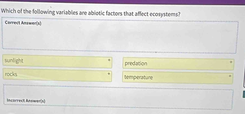 Which of the following variables are abiotic factors that affect ecosystems?
Correct Answer(s)
sunlight predation
rocks temperature
Incorrect Answer(s)