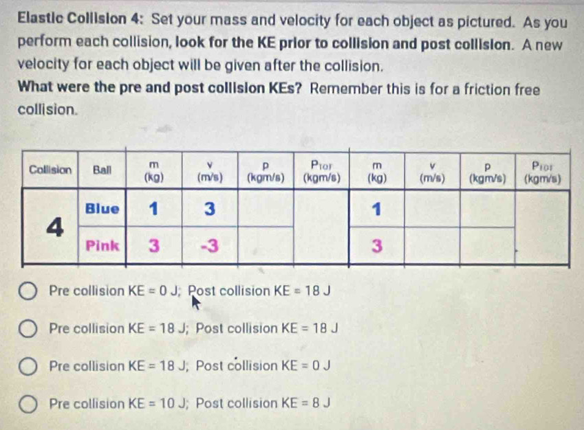 Elastic Collision 4: Set your mass and velocity for each object as pictured. As you
perform each collision, look for the KE prior to collision and post collision. A new
velocity for each object will be given after the collision.
What were the pre and post collision KEs? Remember this is for a friction free
collision.
Pre collision KE=0J Post collision KE=18J
Pre collision KE=18J; Post collision KE=18J
Pre collision KE=18J; Post collision KE=0J
Pre collision KE=10J; Post collision KE=8J