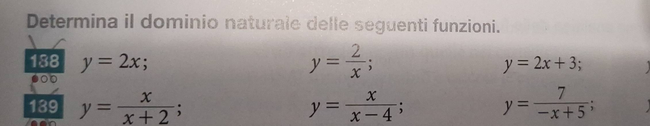 Determina il dominio naturale delle seguenti funzioni. 
188 y=2x;
y= 2/x ;
y=2x+3; 
139 y= x/x+2 ; y= x/x-4 ;
y= 7/-x+5 ;