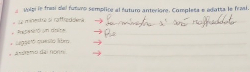 ≌ Voigi le frasi dal futuro semplice al futuro anteriore. Completa e adatta le frasi. 
La minestra si raffredderá_ 
Prepareró un doice_ 
Leggeró questo libro_ 
Andremo dai nonni_