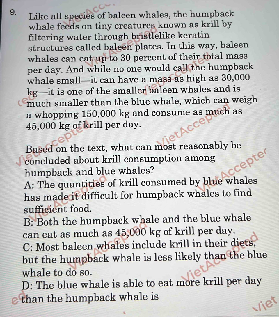 Like all species of baleen whales, the humpback
whale feeds on tiny creatures known as krill by
filtering water through bristlelike keratin
structures called baleen plates. In this way, baleen
whales can eat up to 30 percent of their total mass
per day. And while no one would call the humpback
whale small—it can have a mass as high as 30,000
kg —it is one of the smaller baleen whales and is
much smaller than the blue whale, which can weigh
a whopping 150,000 kg and consume as much as
45,000 kg of krill per day.
Based on the text, what can most reasonably be
concluded about krill consumption among
humpback and blue whales?
A: The quantities of krill consumed by blue whales
has made it difficult for humpback whales to find 
sufficient food.
B: Both the humpback whale and the blue whale
can eat as much as 45,000 kg of krill per day.
C: Most baleen whales include krill in their diets,
but the humpback whale is less likely than the blue
whale to do so.
D: The blue whale is able to eat more krill per day
than the humpback whale is