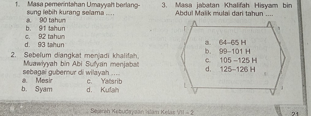 Masa pemerintahan Umayyah berlang - 3. Masa jabatan Khalifah Hisyam bin
sung lebih kurang selama .... Abdul Malik mulai dari tahun ....
a. 90 tahun
b. 91 tahun 「 1
c. 92 tahun
d. 93 tahun
a. 64-65H
b. 99-101H
2. Sebelum diangkat menjadi khalifah,
Muawiyyah bin Abi Sufyan menjabat
C. 105-125H
sebagai gubernur di wilayah ....
d. 125-126H
a. Mesir c. Yatsrib
b. Syam d. Kufah
Sejarah Kebudayaan Islam Kelás V!!-2
21