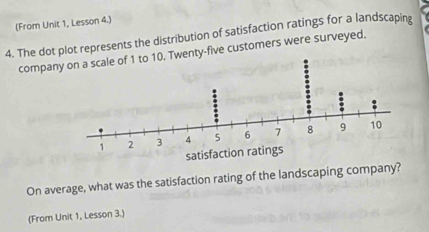 (From Unit 1, Lesson 4.) 
4. The dot plot represents the distribution of satisfaction ratings for a landscaping 
compan-five customers were surveyed. 
On average, what was the satisfaction rating of the landscaping company? 
(From Unit 1, Lesson 3.)