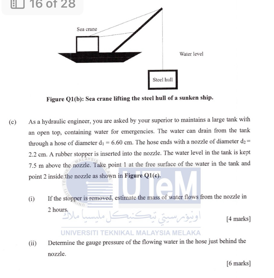 of 28 
Figure Q1(b): Sea crane lifting the steel hull of a sunken ship. 
(c) As a hydraulic engineer, you are asked by your superior to maintains a large tank with 
an open top, containing water for emergencies. The water can drain from the tank 
through a hose of diameter d_1=6.60cm. The hose ends with a nozzle of diameter d_2=
2.2 cm. A rubber stopper is inserted into the nozzle. The water level in the tank is kept
7.5 m above the nozzle. Take point 1 at the free surface of the water in the tank and 
point 2 inside the nozzle as shown in Figure Q1(c). 
(i) If the stopper is removed, estimate the mass of water flows from the nozzle in
2 hours. 
[4 marks] 
UNIVERSITI TEKNIKAL MALAYSIA MELAKA 
(ii) Determine the gauge pressure of the flowing water in the hose just behind the 
nozzle. 
[6 marks]