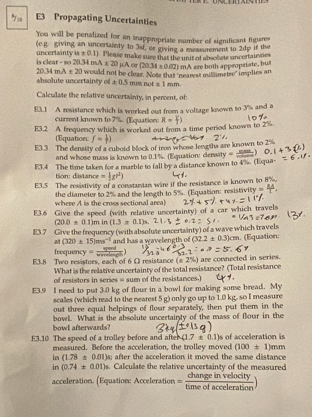 Solved: E3 Propagating Uncertainties You will be penalized for an ...