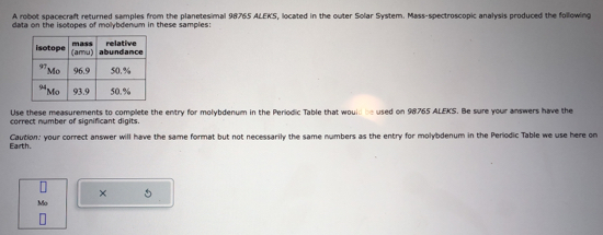 A robot spacecraft returned samples from the planetesimal 98765 ALEKS, located in the outer Solar System. Mass-spectroscopic analysis produced the following
data on the isotopes of molybdenum in these samples:
Use these measurements to complete the entry for molybdenum in the Periodic Table that would be used on 98765 ALEKS. Be sure your answers have the
correct number of significant digits.
Eairth. Caution: your correct answer will have the same format but not necessarily the same numbers as the entry for molybdenum in the Periodic Table we use here on
× 5
Mo