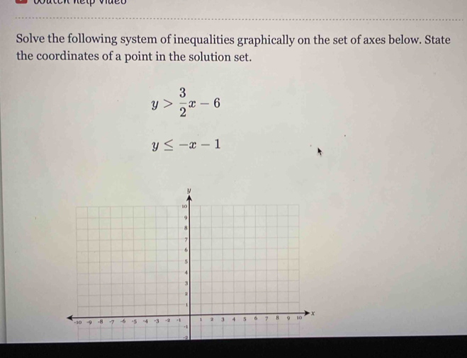 Solve the following system of inequalities graphically on the set of axes below. State
the coordinates of a point in the solution set.
y> 3/2 x-6
y≤ -x-1