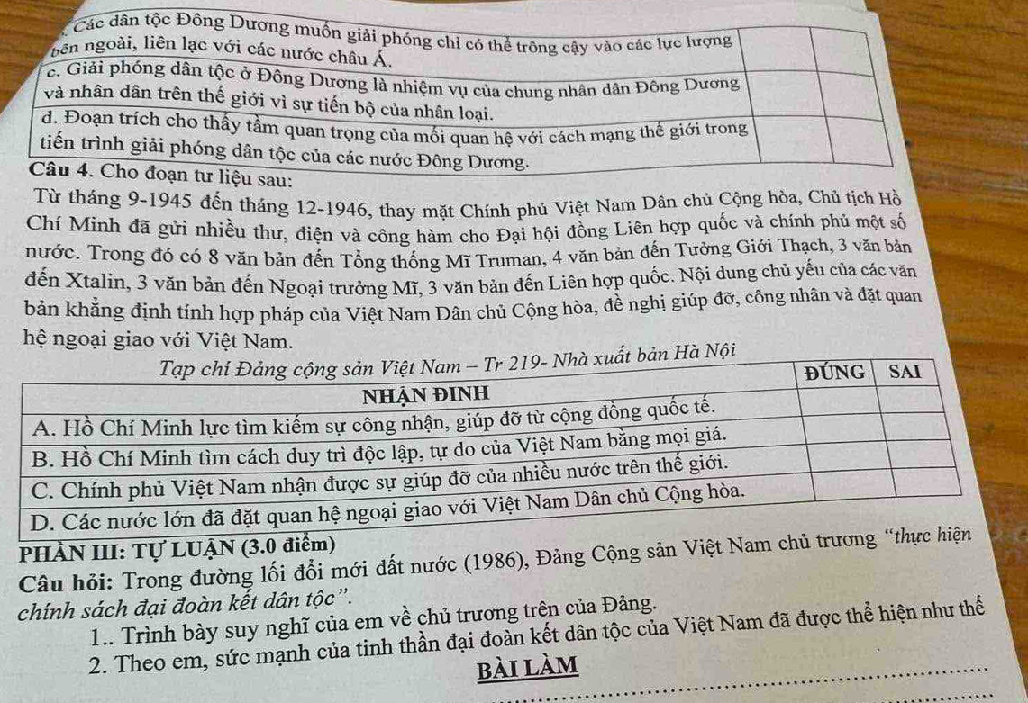 háng 9-1945 đến tháng 12-1946, thay mặt Chính phủ Việt Nam Dân chủ Cộng hòa, Chủ t 
Chí Minh đã gửi nhiều thư, điện và công hàm cho Đại hội đồng Liên hợp quốc và chính phủ một số 
nước. Trong đó có 8 văn bản đến Tổng thống Mĩ Truman, 4 văn bản đến Tưởng Giới Thạch, 3 văn bản 
đến Xtalin, 3 văn bản đến Ngoại trưởng Mĩ, 3 văn bản đến Liên hợp quốc. Nội dung chủ yếu của các văn 
bản khẳng định tính hợp pháp của Việt Nam Dân chủ Cộng hòa, đề nghị giúp đỡ, công nhân và đặt quan 
hệ ngoại giao với Việt Nam. 
Hà Nội 
PHÀN III: Tự LUẠN (3.0
Câu hỏi: Trong đường lối đổi mới đất nước (1986), Đảng Cộng sản Việt Na 
chính sách đại đoàn kết dân tộc”. 
1.. Trình bày suy nghĩ của em về chủ trương trên của Đảng. 
2. Theo em, sức mạnh của tinh thần đại đoàn kết dân tộc của Việt Nam đã được thể hiện như thế 
bài làm