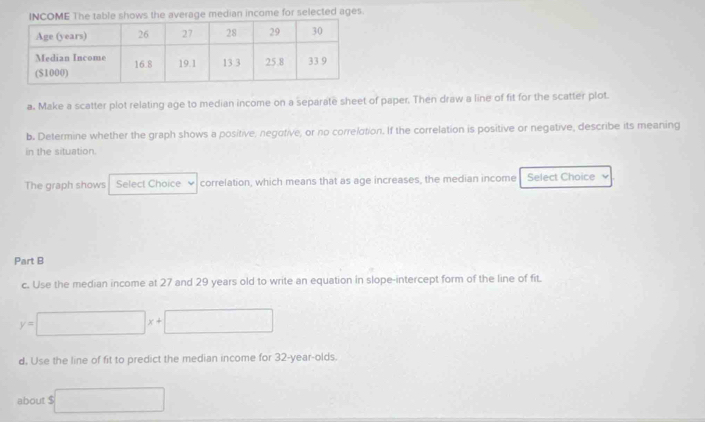 OME The table shows the average median income for selected ages. 
a. Make a scatter plot relating age to median income on a separate sheet of paper. Then draw a line of fit for the scatter plot. 
b. Determine whether the graph shows a positive, negotive, or no correlotion. If the correlation is positive or negative, describe its meaning 
in the situation. 
The graph shows Select Choice ν correlation, which means that as age increases, the median income Select Choice 
Part B 
c. Use the median income at 27 and 29 years old to write an equation in slope-intercept form of the line of fit.
y=□ x+□
d. Use the line of fit to predict the median income for 32-year -olds. 
about $ □