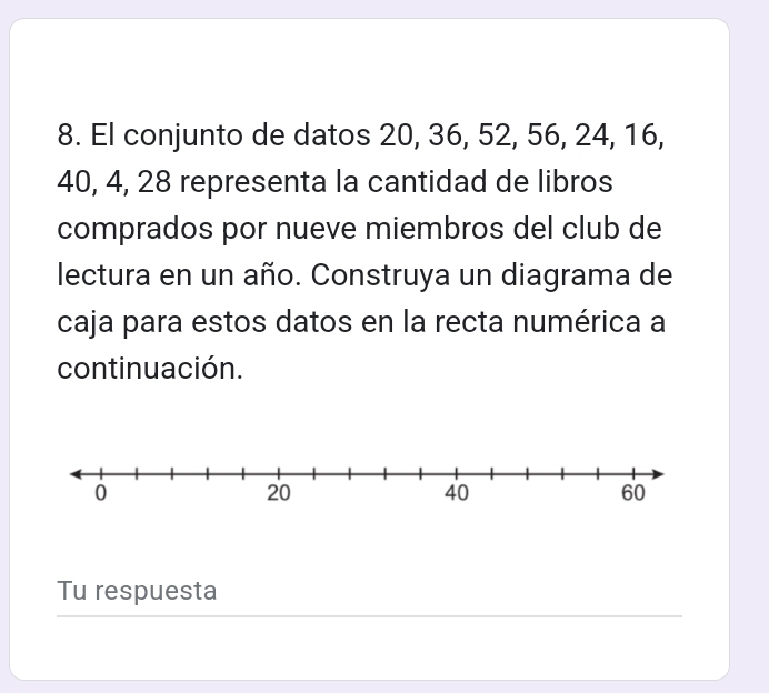 El conjunto de datos 20, 36, 52, 56, 24, 16,
40, 4, 28 representa la cantidad de libros 
comprados por nueve miembros del club de 
lectura en un año. Construya un diagrama de 
caja para estos datos en la recta numérica a 
continuación. 
Tu respuesta