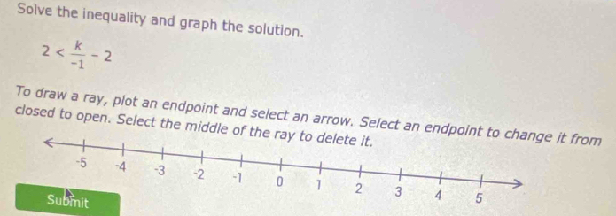 Solve the inequality and graph the solution.
2
To draw a ray, plot an endpoint and select an arrow. Select an endpoint from 
closed to open. Select the middle of th