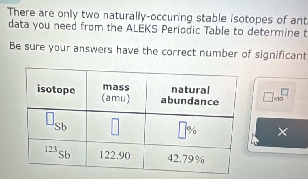 There are only two naturally-occuring stable isotopes of ant
data you need from the ALEKS Periodic Table to determine t
Be sure your answers have the correct number of significant
□ * 10^(□)
×