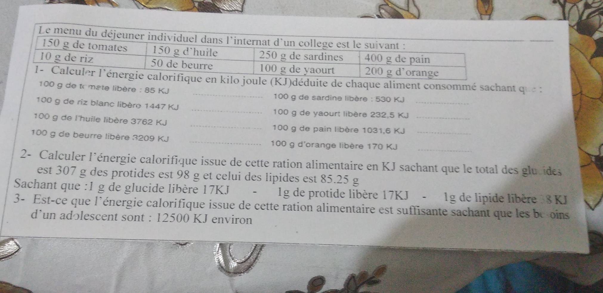 KJ)déduite de chaque aliment consommé sachant qu
100 g de tc mate libère : 85 KJ
_
100 g de sardine libère : 530 KJ
_
100 g de riz blanc libère 1447 KJ
100 g de yaourt libère 232,5 KJ _
100 g de l'huile libère 3762 KJ _
100 g de pain libère 1031,6 KJ _
100 g de beurre libère 3209 KJ _
100 g d'orange libère 170 KJ _ 
2- Calculer l’énergie calorifique issue de cette ration alimentaire en KJ sachant que le total des gluvides 
est 307 g des protides est 98 g et celui des lipides est 85.25 g
Sachant que : 1 g de glucide libère 17KJ 1g de protide libère 17KJ - 1g de lipide libère 38 KJ
3- Est-ce que l'énergie calorifique issue de cette ration alimentaire est suffisante sachant que les be oins 
d’un adっlescent sont : 12500 KJ environ