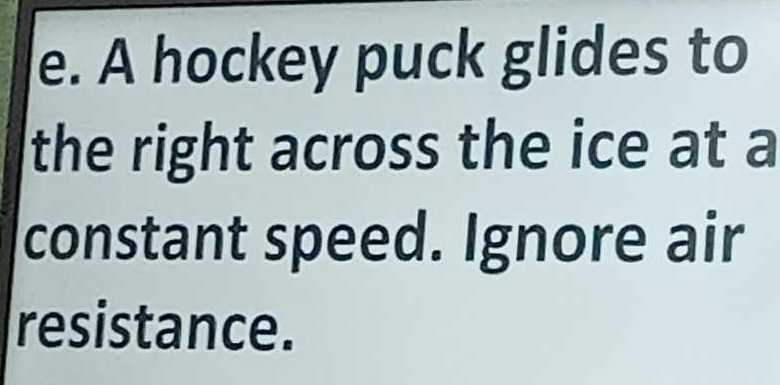 A hockey puck glides to 
the right across the ice at a 
constant speed. Ignore air 
resistance.