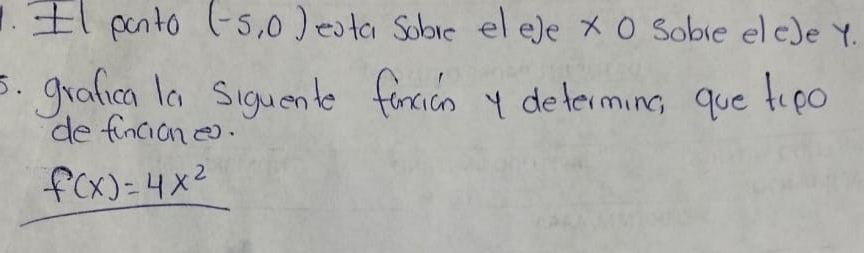 pcnto (-5,0) eata Sobrc elele x0 soble eleJe y. 
5. grafica la siquente forcicn y determinc, que tpo 
de fincione.
f(x)=4x^2