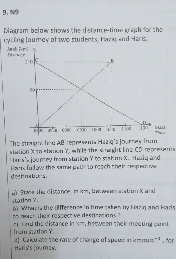 N9 
Diagram below shows the distance-time graph for the 
cycling journey of two students, Haziq and Haris. 
Jarak 
Dista 
The straight line AB represents Haziq’s journey from 
station X to station Y, while the straight line CD represents 
Haris’s journey from station Y to station X. Haziq and 
Haris follow the same path to reach their respective 
destinations. 
a) State the distance, in km, between station X and 
station Y. 
b) What is the difference in time taken by Haziq and Haris 
to reach their respective destinations ? 
c) Find the distance in km, between their meeting point 
from station Y. 
d) Calculate the rate of change of speed in kmmin -1 , for 
Haris's journey.