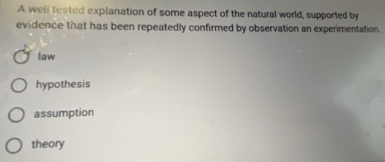 A well tested explanation of some aspect of the natural world, supported by
evidence that has been repeatedly confirmed by observation an experimentation.
law
hypothesis
assumption
theory