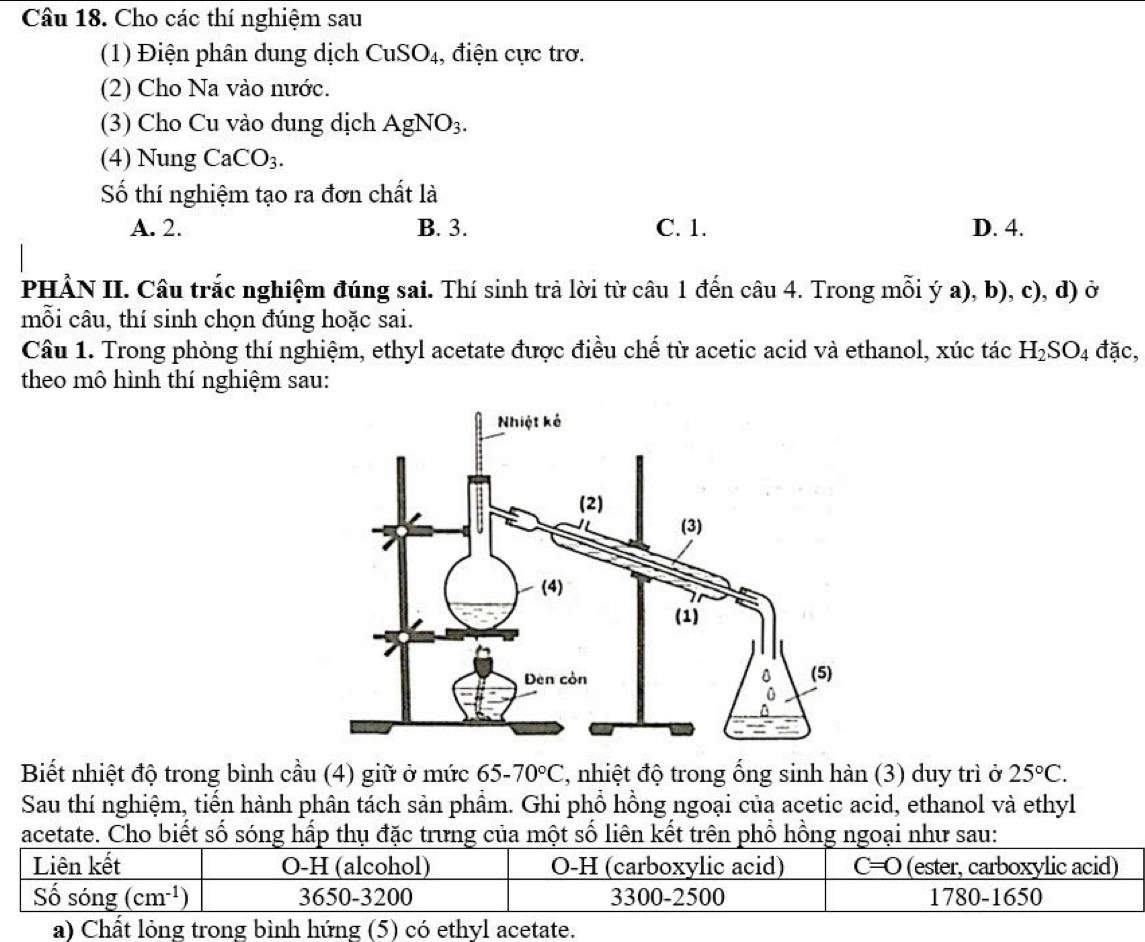 Cho các thí nghiệm sau
(1) Điện phân dung dịch CuSO_4 , điện cực trơ.
(2) Cho Na vào nước.
(3) Cho Cu vào dung dịch AgNO_3. 
(4) Nung CaCO_3. 
Số thí nghiệm tạo ra đơn chất là
A. 2. B. 3. C. 1. D. 4.
PHẢN II. Câu trắc nghiệm đúng sai. Thí sinh trả lời từ câu 1 đến câu 4. Trong mỗi ý a), b), c), d) ở
mỗi câu, thí sinh chọn đúng hoặc sai.
Câu 1. Trong phòng thí nghiệm, ethyl acetate được điều chế từ acetic acid và ethanol, xúc tác H_2SO_4 đặc,
theo mô hình thí nghiệm sau:
Biết nhiệt độ trong bình cầu (4) giữ ở mức 65-70°C , nhiệt độ trong ống sinh hàn (3) duy trì ở 25°C. 
Sau thí nghiệm, tiến hành phân tách sản phầm. Ghi phổ hồng ngoại của acetic acid, ethanol và ethyl
acetate. Cho biết số sóng hấp thụ đặc trưng của một số liên kết trên phổ hồng ngoại như sau:
Liên kết O-H (alcohol) O-H (carboxylic acid) C=0 (ester, carboxylic acid)
Số sóng (cm^(-1)) 3650 -3200 3300-2500 1780-1650
a) Chất lỏng trong bình hứng (5) có ethyl acetate.