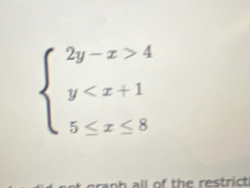 beginarrayl 2y-x>4 y
all of the restrict