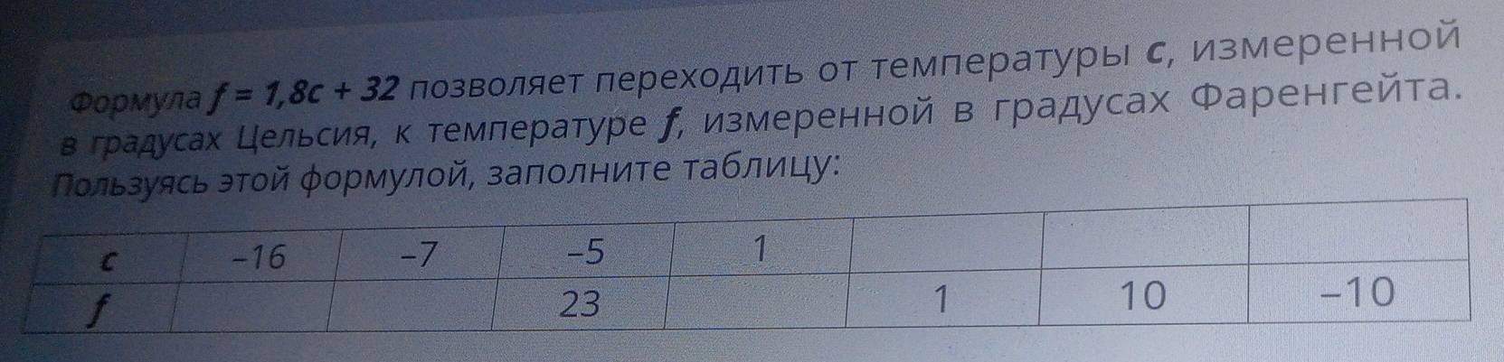 Формула f=1,8c+32 лозволяет лереходить от температуры с, измеренной 
в градусах цельсияе к темлературе ῆ, измеренной в градусах Фаренгейта. 
Πользуясь этοй φормулοй, заπолните таблицу: