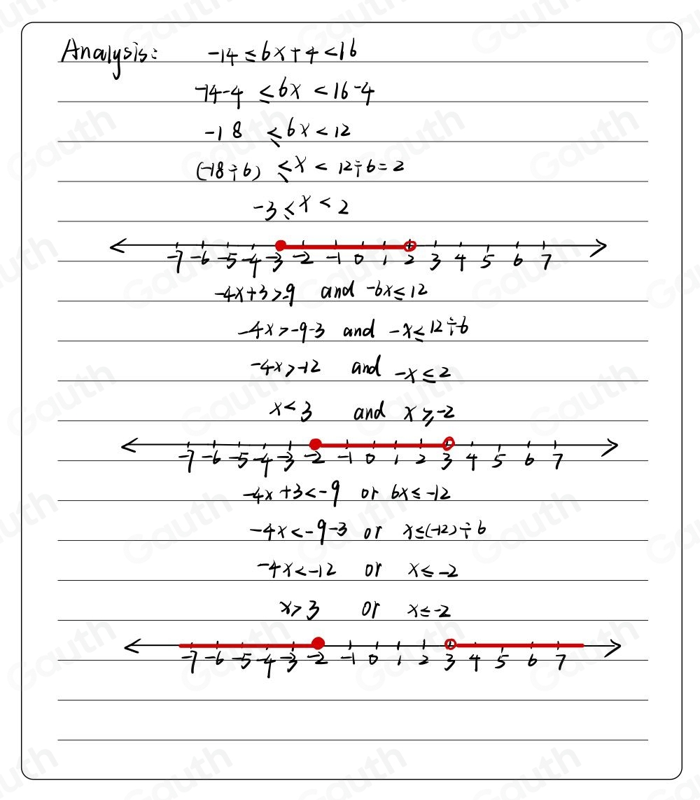 Analysis : -14≤slant 6x+4<16</tex>
74-4≤ 6x<16-4</tex>
-18<6x<12
(-18/ 6)
-3≤slant x<2</tex>
-4x+3>-9 and -6x≤slant 12
-4x>-9-3 and -x≤slant 12/ 6
-4x>-12 and -x≤slant 2
x<3</tex> and x≥slant -2
-4x+3 or 6x≤slant -12
-4x or x≤slant (-12)/ 6
-4x or x≤slant -2
x>3 or x≤slant -2