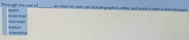 Through the use of_ , an Internet user can include graphics, video, and audio in their e-mail messages.
spam
snail-mail
rich-mail
button
interstitial