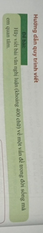 Hướng dẫn quy trình viết 
Để bài: 
Hãy viết bài văn nghị luận (khoảng 400 chữ) về một vấn đề trong đời sống mà 
em quan tâm.