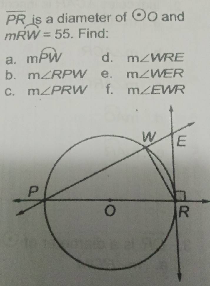 overline PR is a diameter of odot O and
mwidehat RW=55. Find: 
a. moverline PW d. m∠ WRE
b. m∠ RPW e. m∠ WER
C. m∠ PRW f. m∠ EWR