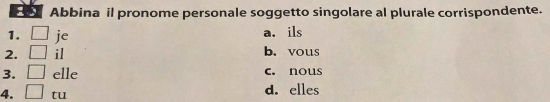 Abbina il pronome personale soggetto singolare al plurale corrispondente.
1. □ je a. ils
2. □ il b. vous
3. □ elle c. nous
4. □ tu d. elles